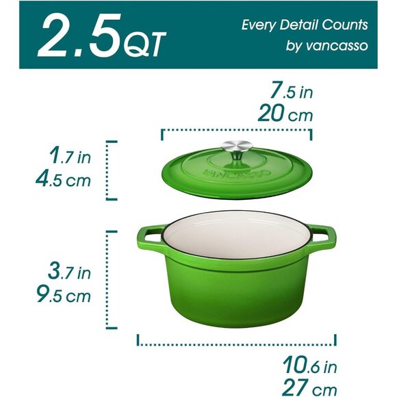 Enameled Cast Iron Dutch Oven 2.5 QT Green Naturally Non-Stick Casserole Dish - Picture 3 of 7